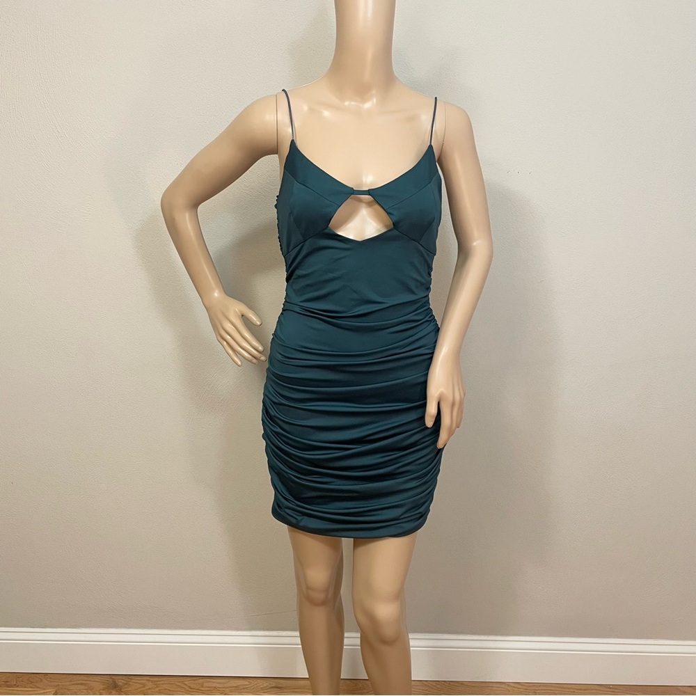 Lulus Catch You Staring Teal Blue Ruched Cutout Mini Dress